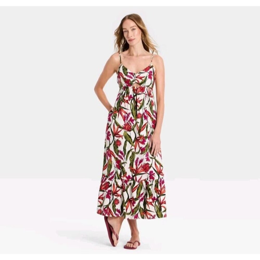 Women's A New Day Beaded Strap Floral Midi Dress Pink Small Linen Blend